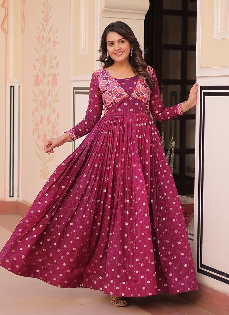 Pink Jacquard Silk Printed Anarkali Gown
