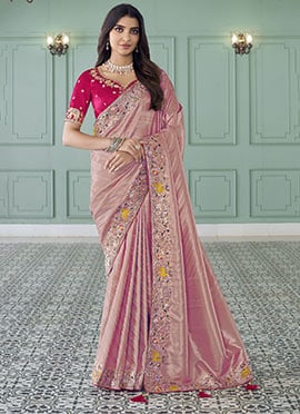 Pink Jacquard Silk Sequins Zari Stones Thread Coding Embroidered Saree