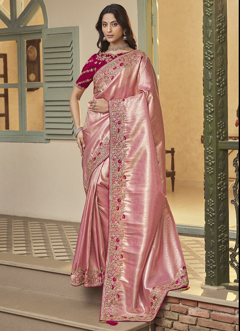 Pink Jacquard Silk Stones Embroidered Zari Thread Coding Saree Wedding Wear