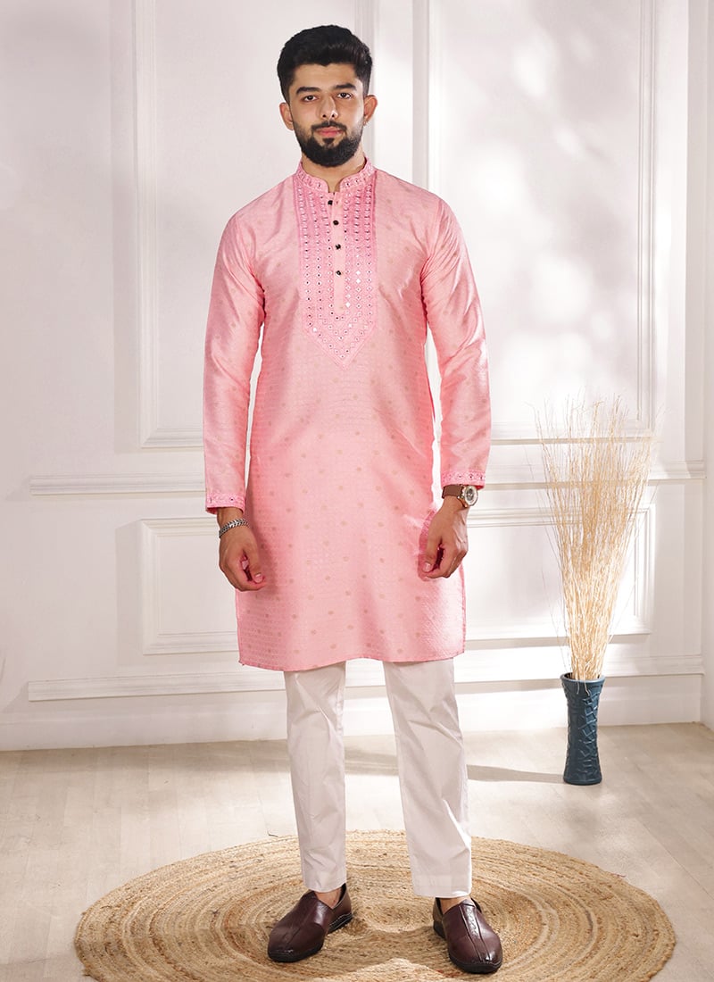 Pink Jacquard Silk Thread Embroidered Kurta Pyjama Festive Wear