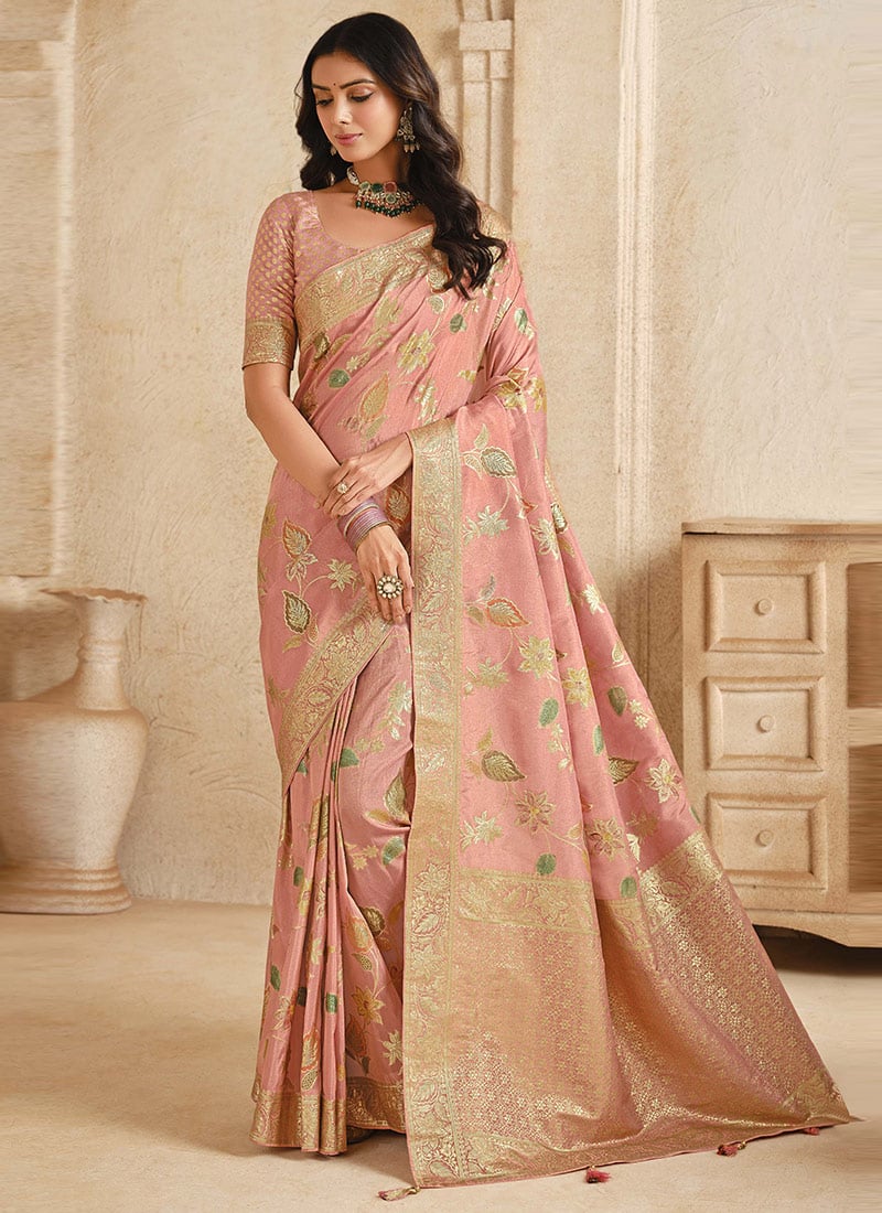 Pink Jacquard Silk With Zari Woven Saree