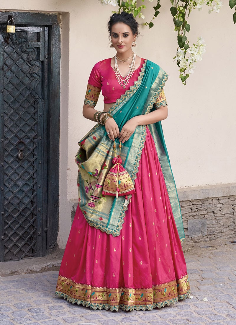 Pink Jacquard Silk Zari Embroidered Sequins Lehenga