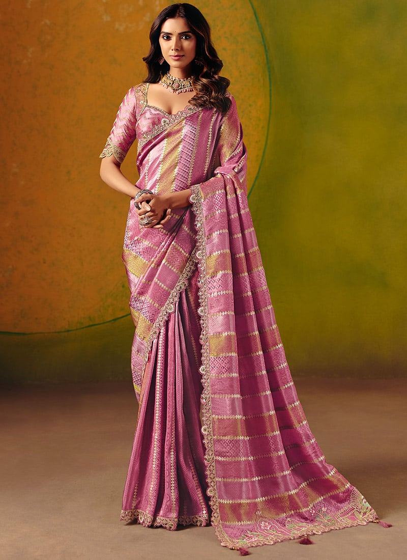 Pink Jacquard Silk Zari Embroidered Sequins With Stone Work Saree Wedding Wear