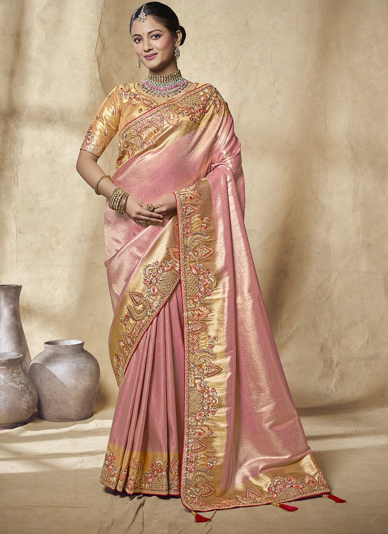 Pink Jacquard Silk Zari Sequins Stones Embroidered Saree Wedding Wear