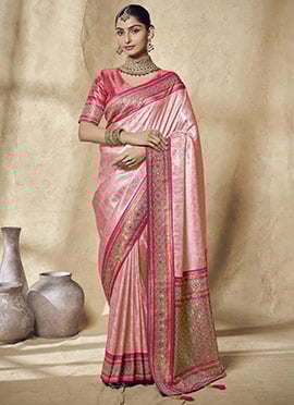 Pink Jacquard Silk Zarkan Stone Zari Work Saree