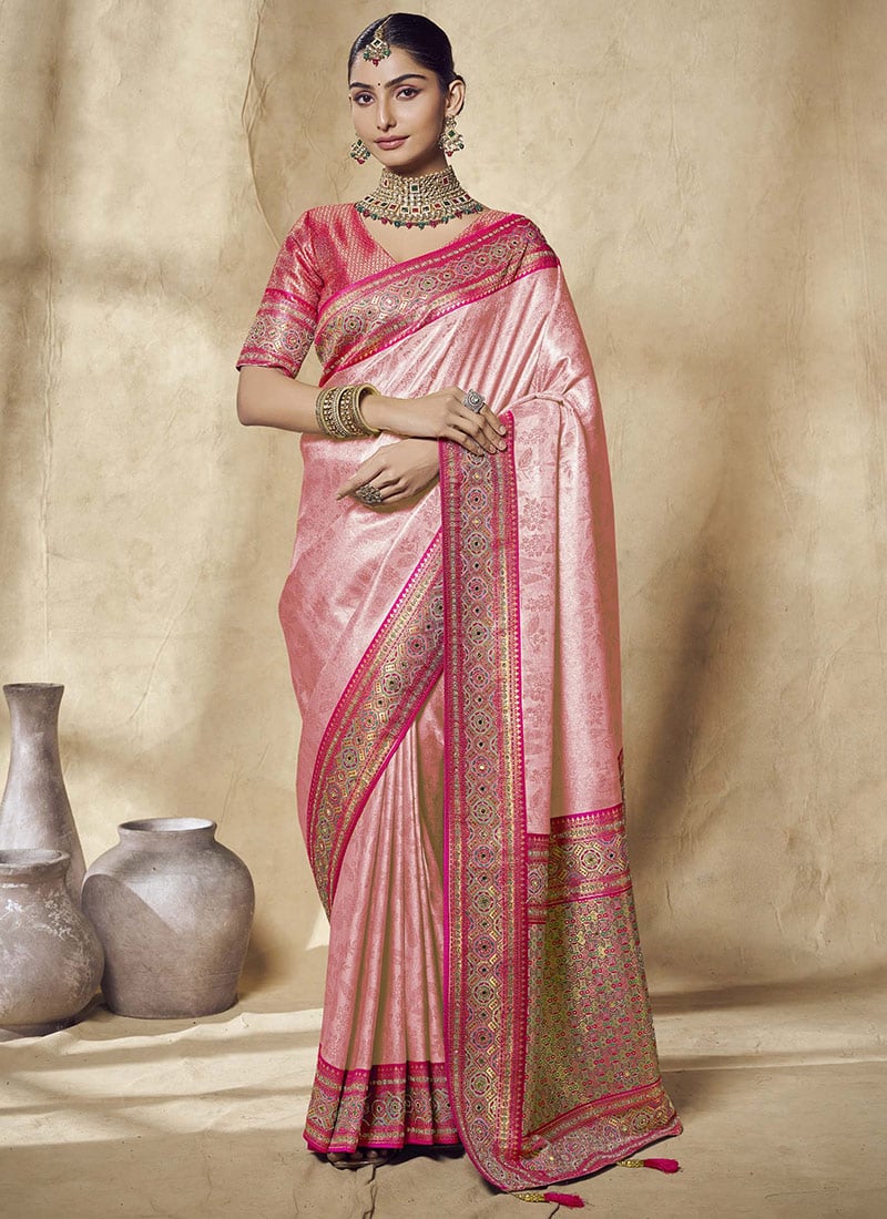 Pink Jacquard Silk Zarkan Stone Zari Work Saree  Wedding Wear
