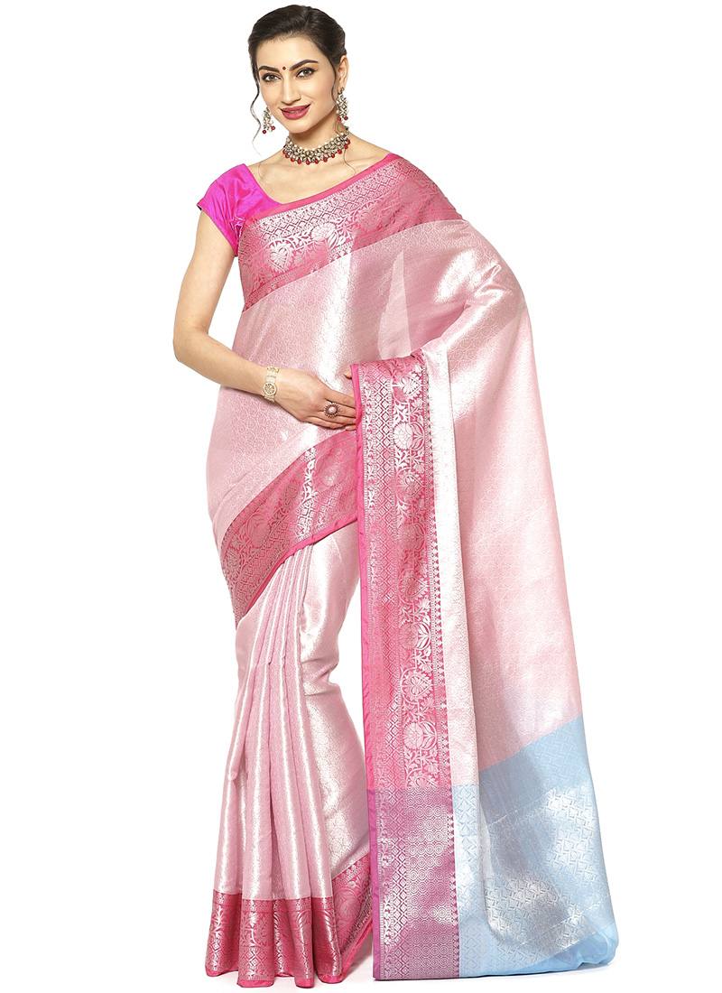 Coral Pink Brocade Banarasi Zari Embellished Silk Saree main image 0