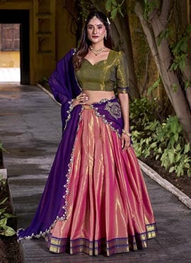 Pink Kanchipuram Silk Zari Embroidered Sequins Lehenga Festive Wear