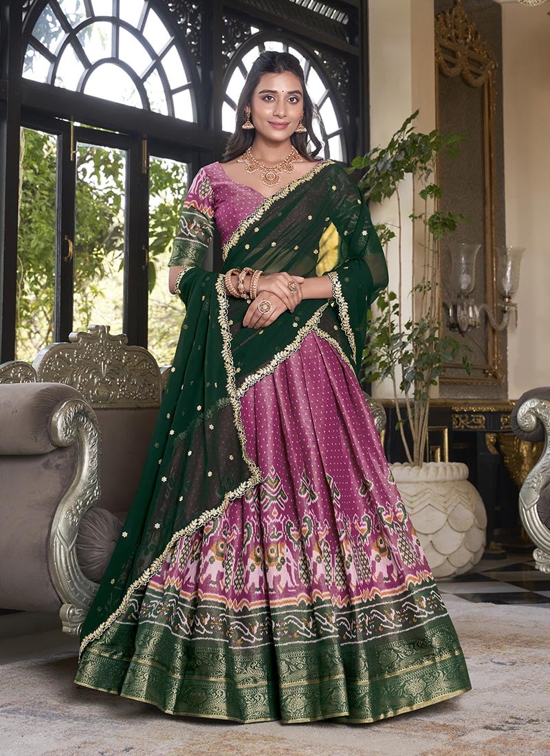 Pink Kanchipuram Silk Zari Embroidered Sequins With Patola Print Lehenga Festive Wear