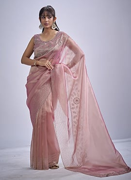 Pink Kanjivaram Silk Hand Embroidered Sequins With Cutdan And Tikki Work Saree