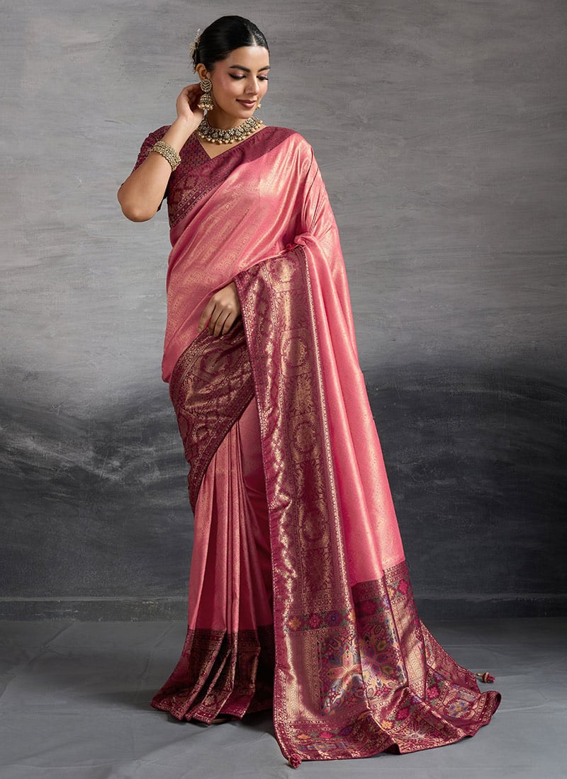 Pink Kanjivaram Silk Zari Saree With Kadiyal Pattern Woven Meenakari Woven Pallu