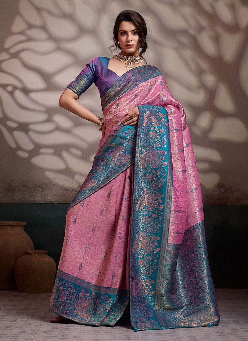 Pink Kanjivaram Soft Silk Zari Woven Saree Festive Wear