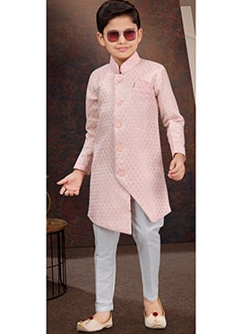 Pink Kasak Zari Jacquard Sequins Kids Boys Indowestern Sherwani