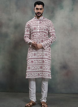 Pink Khadi Cotton Moubani Print Kurta Pyjama