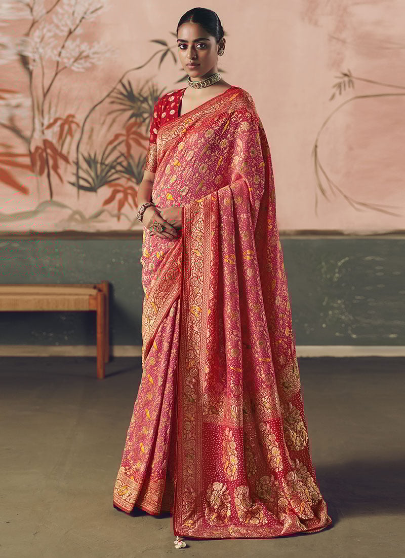 Pink Khadi Georgette Bandhej Woven Work Jacquard Saree Festive Wear