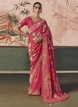 Pink Khadi Georgette Bandhej Woven Work Jacquard Saree