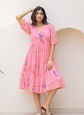 Pink Kota Cotton Floral Digital Printed Fit And Flare Dress