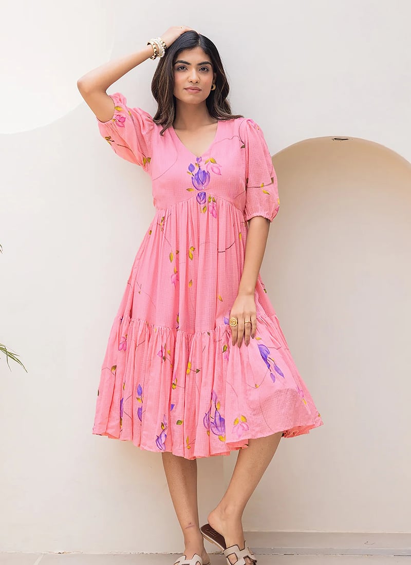 Pink Kota Cotton Floral Digital Printed Fit And Flare Dress After Six Wear