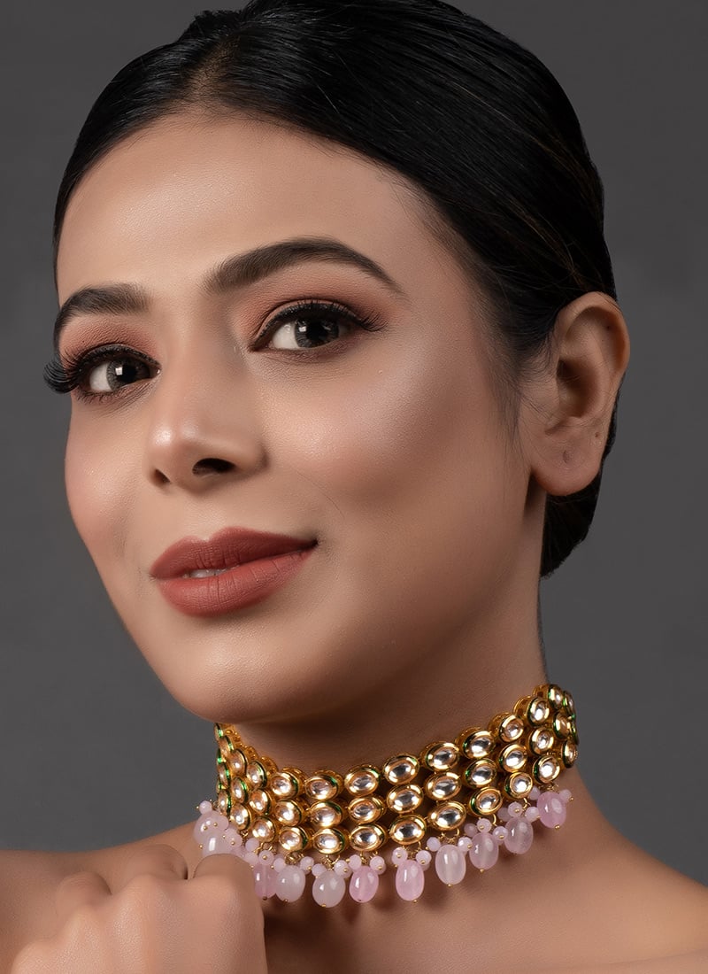 Pink Kundan And Bead Work With Meenakari Dual Sided Wearable Choker After Six Wear