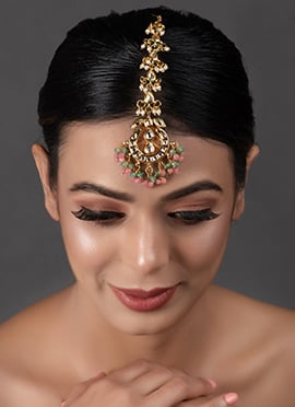 Pink Kundan And Bead Work With Meenakari Dual Sided Wearable Maangtikka