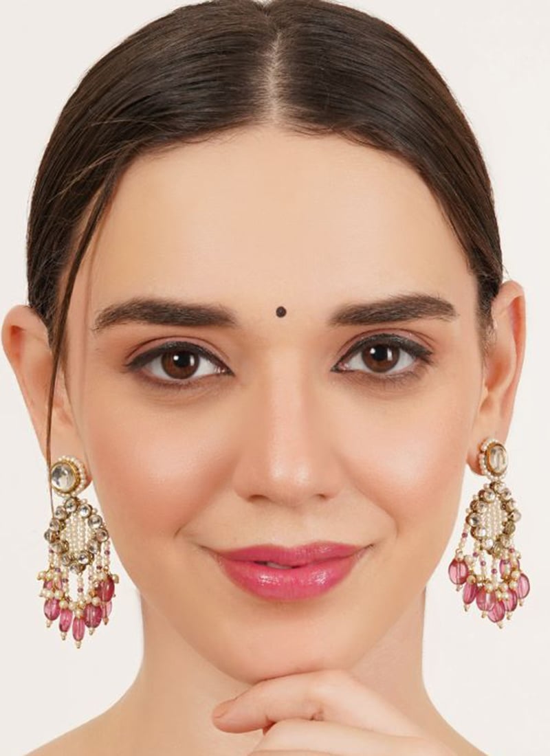 Pink Kundan And Beads Adorned Danglers Festive Wear