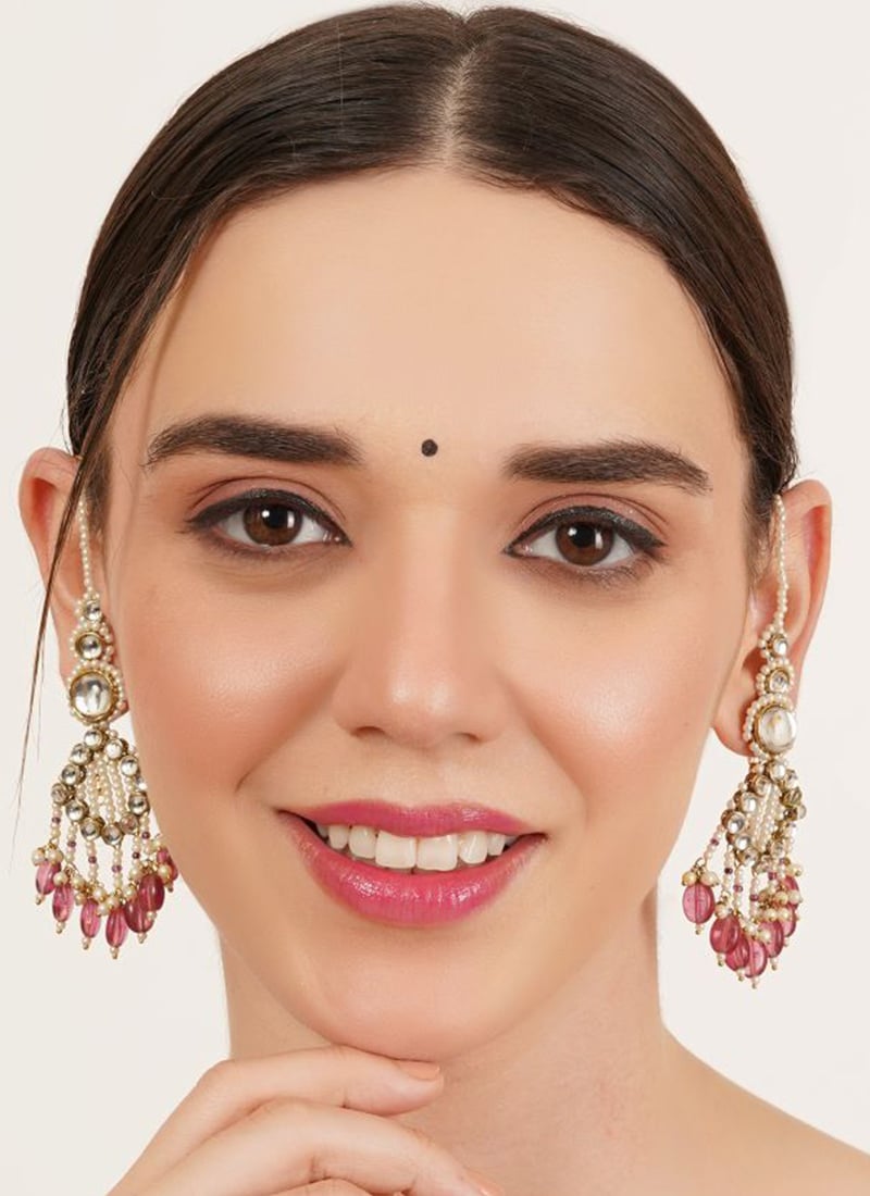 Pink Kundan And Beads Adorned Danglers Festive Wear