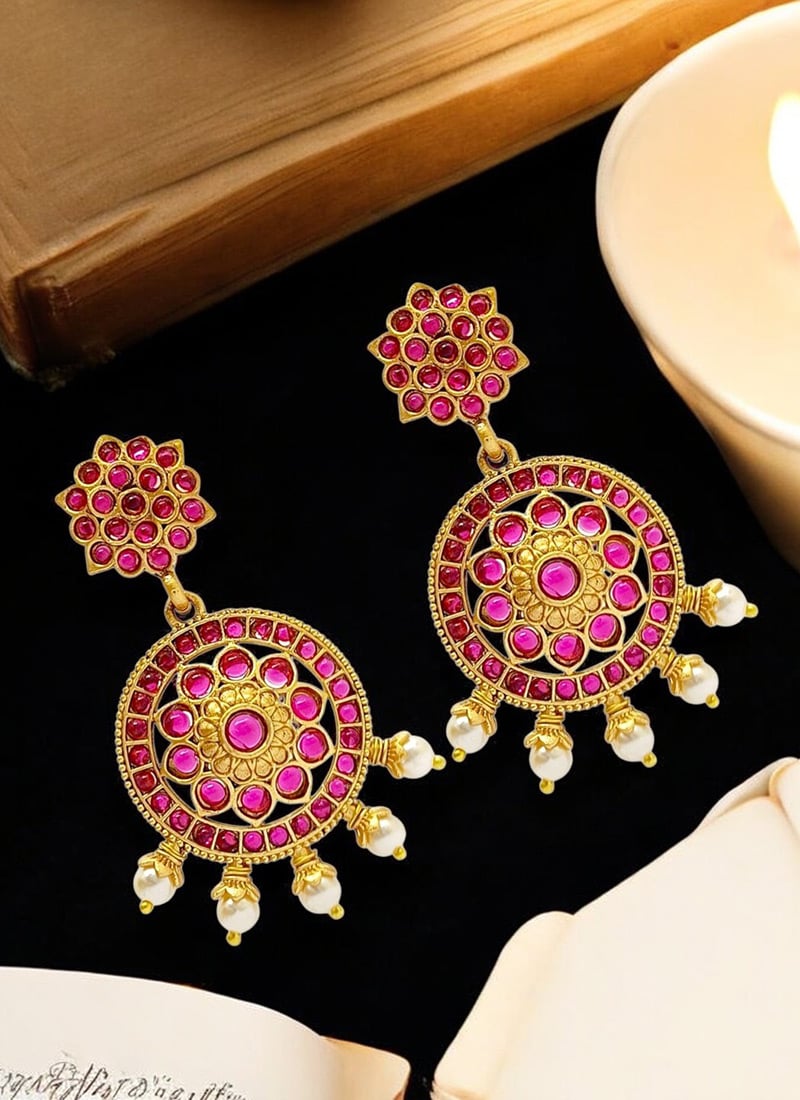 Pink Kundan And Beads Adorned Danglers Festive Wear