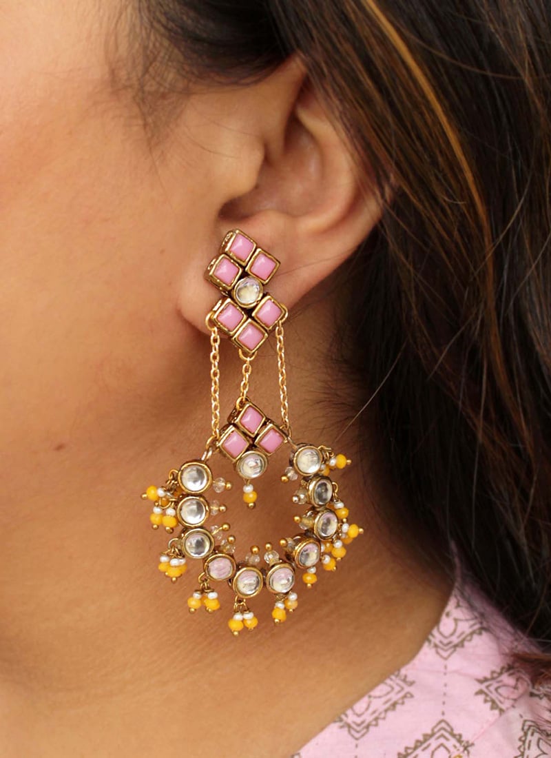 Pink Kundan And Beads Danglers After Six Wear