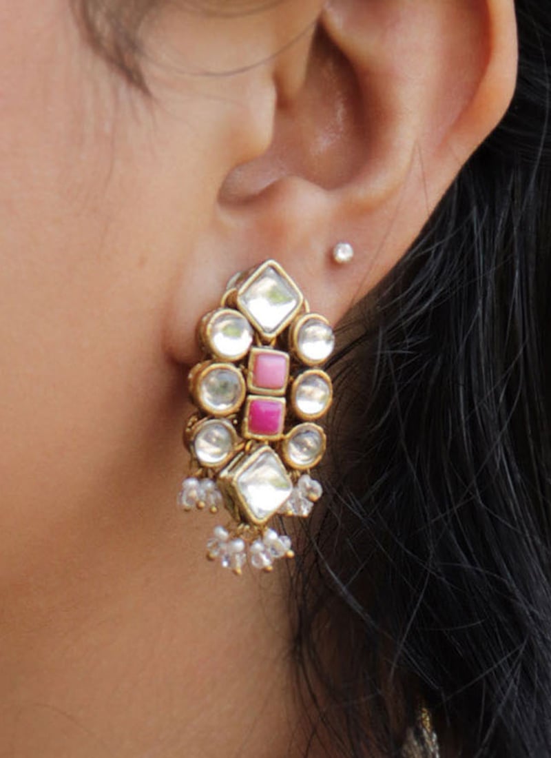 Pink Kundan And Beads Drops Festive Wear