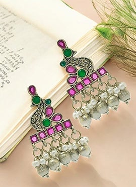 Pink Kundan And Beads Oxidised Drops