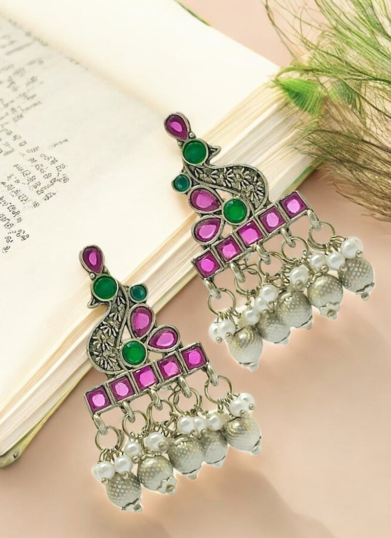 Pink Kundan And Beads Oxidised Drops Festive Wear