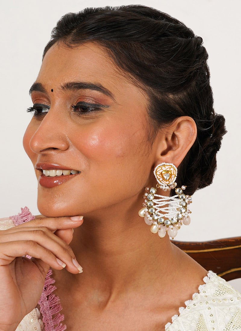 Pink Kundan And Beads With Moti Chaand Bali Festive Wear
