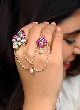 Pink Kundan And Beads Work Ring
