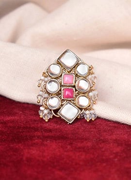 Pink Kundan And Beads Work Ring