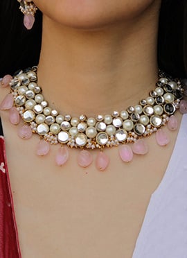 Pink Kundan And Moti Necklace