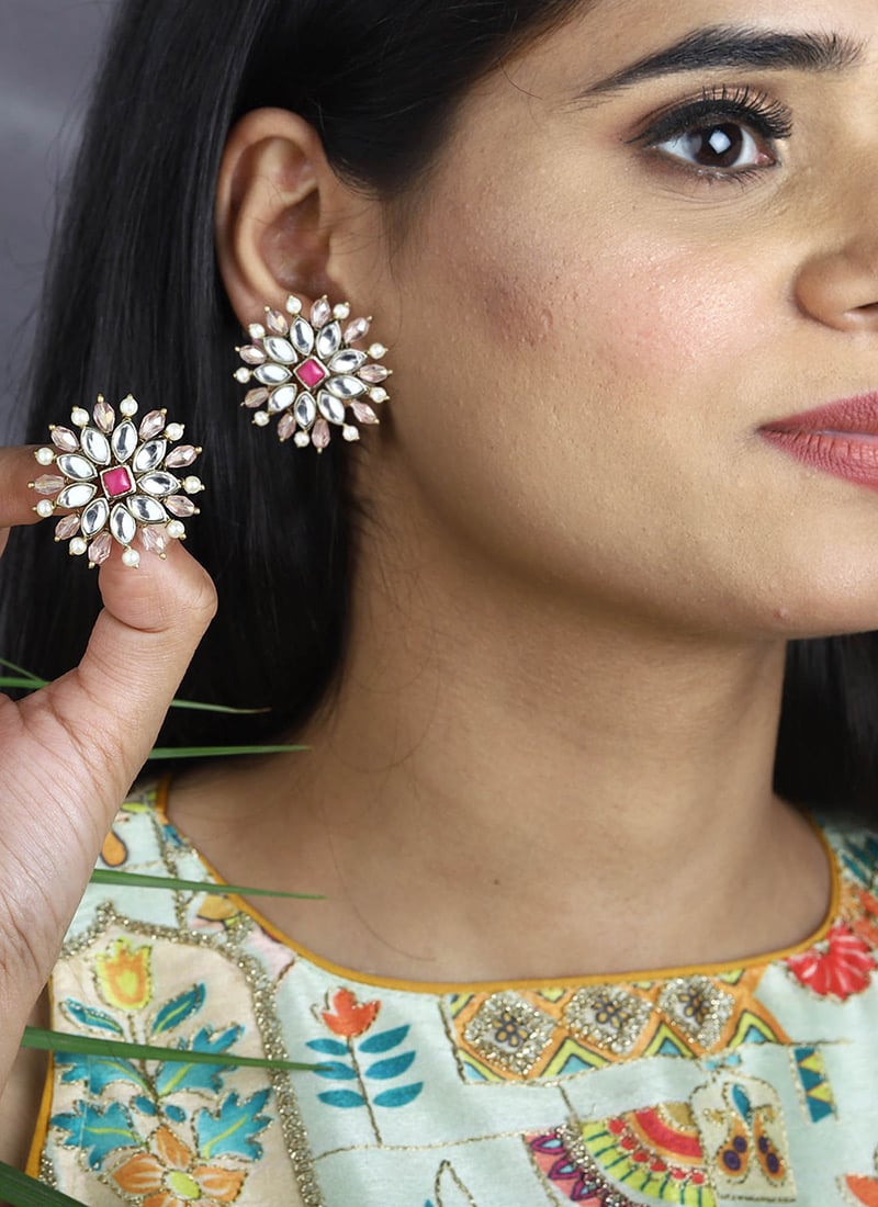 Pink Kundan And Moti Studs