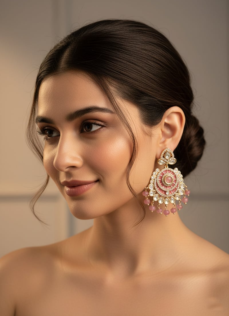 Pink Kundan And Stones Beads Chaand Bali Festive Wear