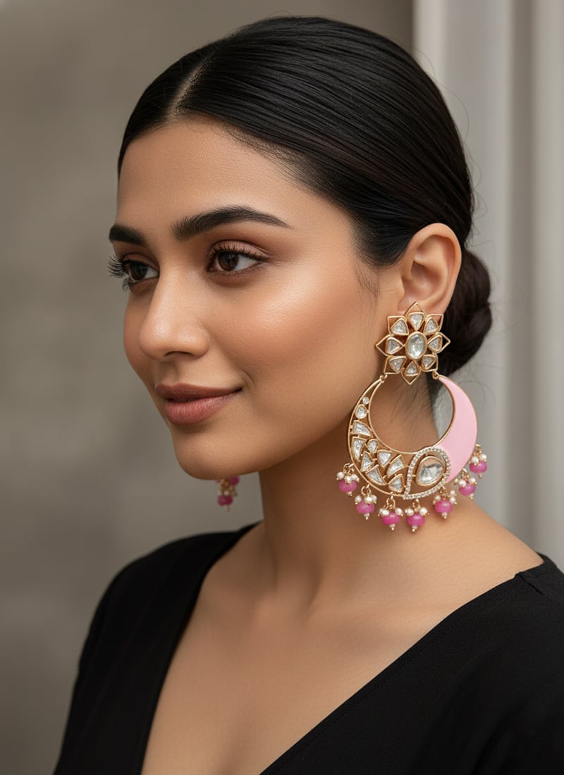 Pink Kundan And Stones Beads Chaand Bali Festive Wear