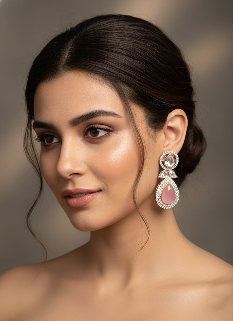 Pink Kundan And Stones Danglers
