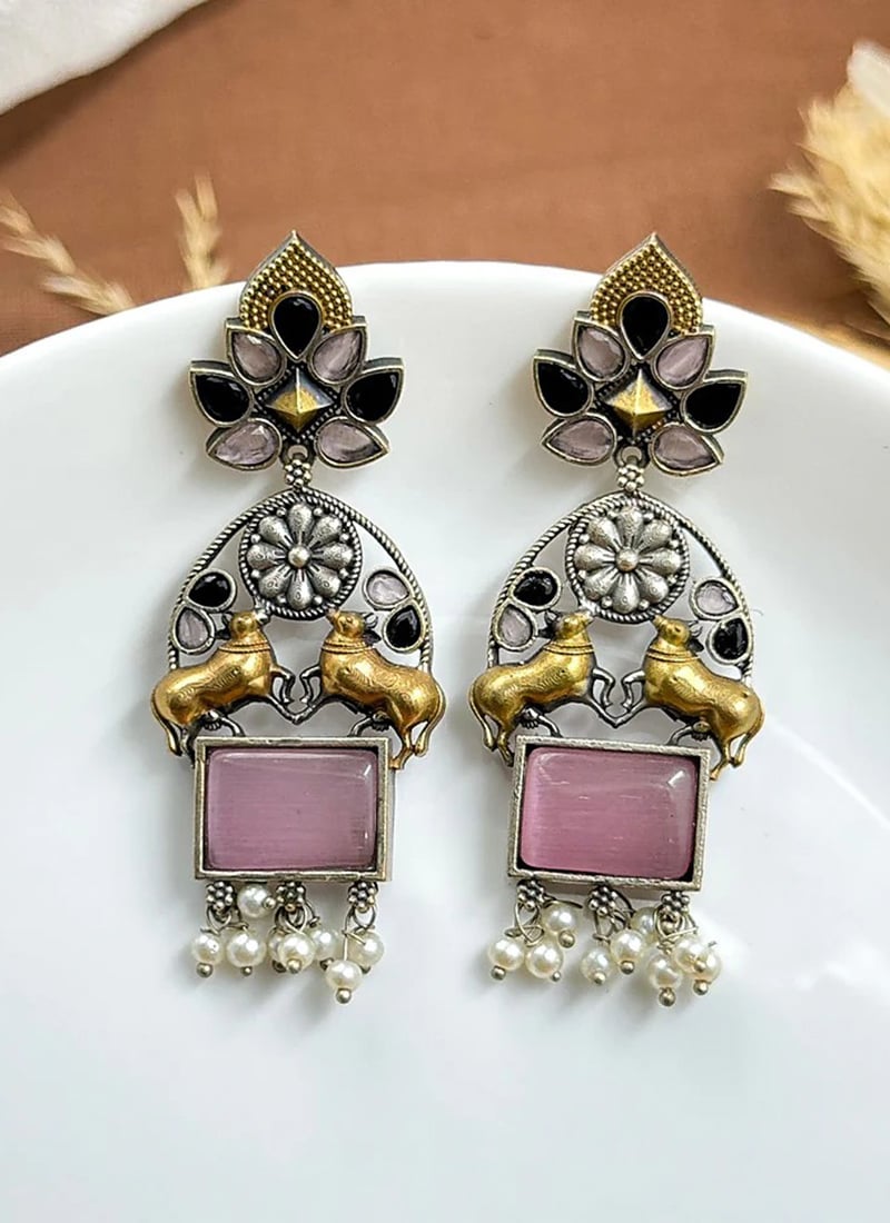 Pink Kundan Beaded Motif Classy Dangler Earrings Festive Wear