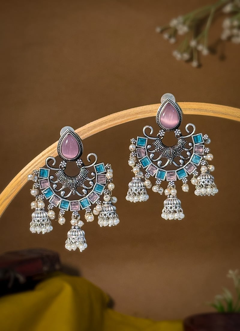 Pink Kundan Beads Chaand Bali Jhumka Earrings For Women Festive Wear
