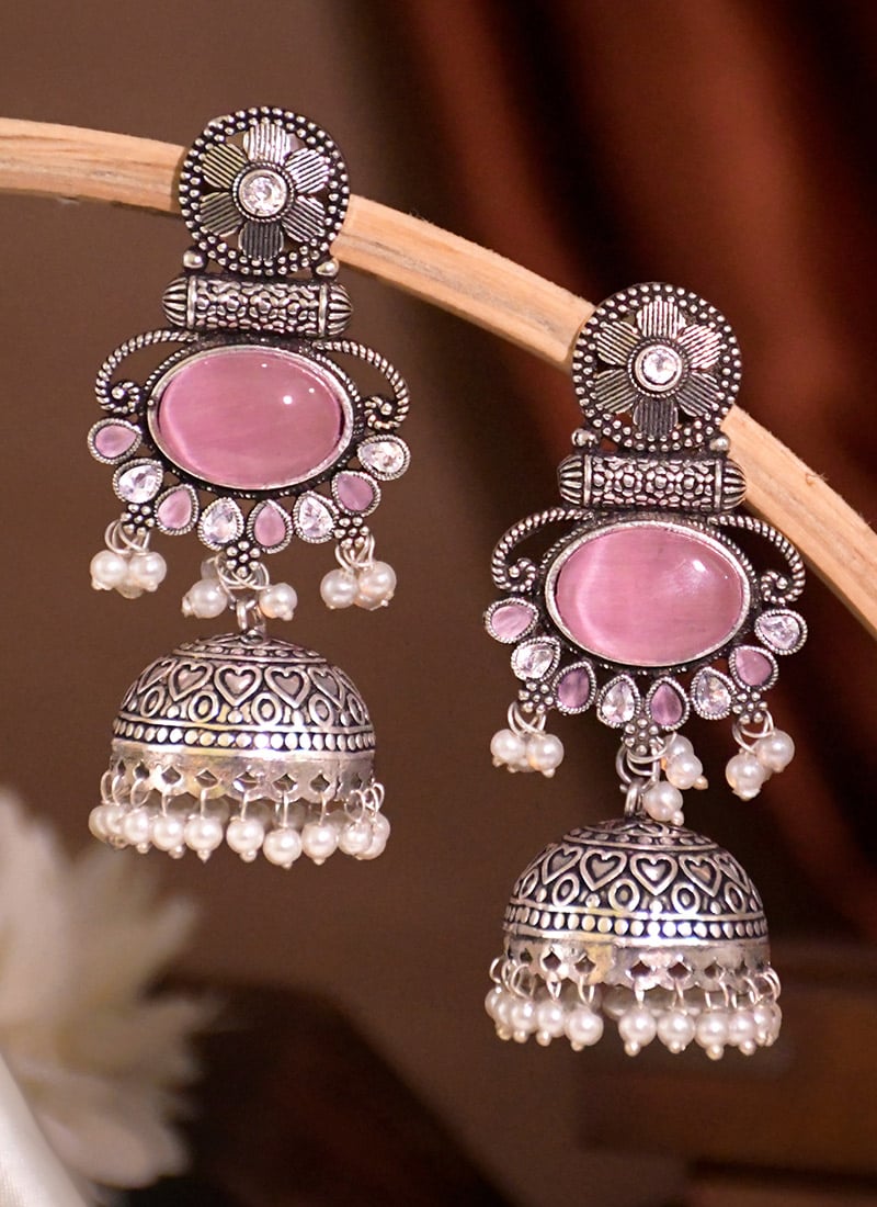 Pink Kundan Beads Jhumka Earrings For Women Festive Wear