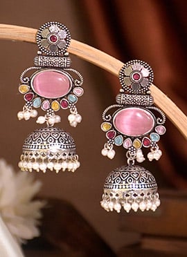 Pink Kundan Beads Jhumka Earrings For Women