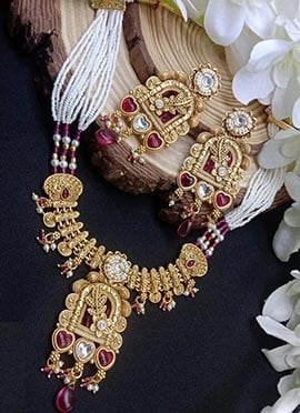 Pink Kundan Beads Pearl Necklace Set