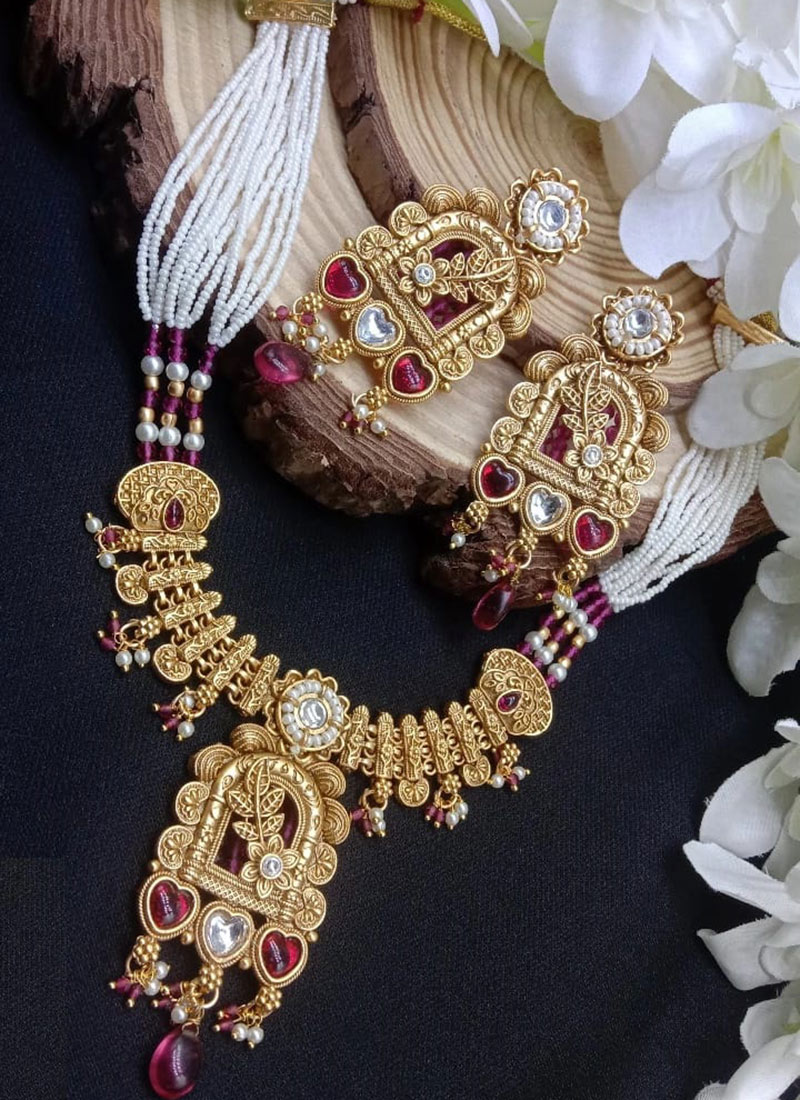 Pink Kundan Beads Pearl Necklace Set Wedding Wear