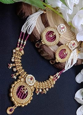 Pink Kundan Beads Pearl Necklace Set