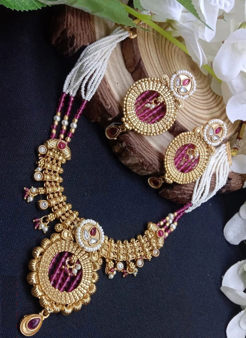 Pink Kundan Beads Pearl Necklace Set Wedding Wear