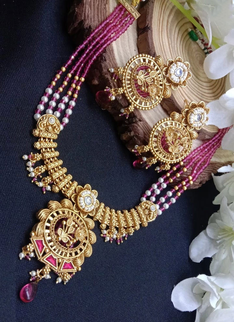 Pink Kundan Beads Pearl Necklace Set Wedding Wear