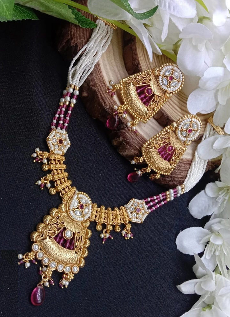 Pink Kundan Beads Pearl Regal Necklace Set Wedding Wear