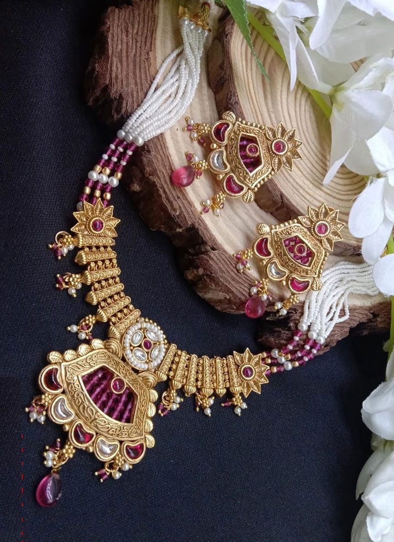 Pink Kundan Beads Pearl Timeless Necklace Set Wedding Wear